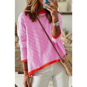 DOKOTOO Women's Striped Knit Sweater Long Sleeve Casual Pink Red Trim Large NWT